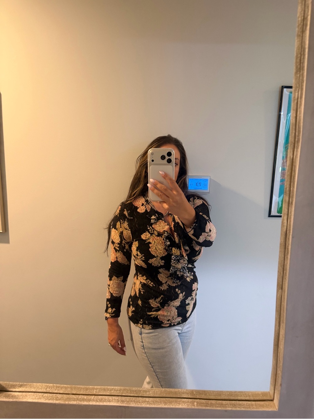 Lauren Ralph Lauren Black Floral Wrap-Front Blouse with Pink Blooms